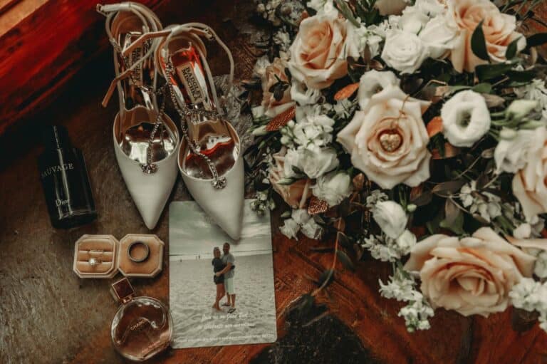 Wedding shoes and bouquet